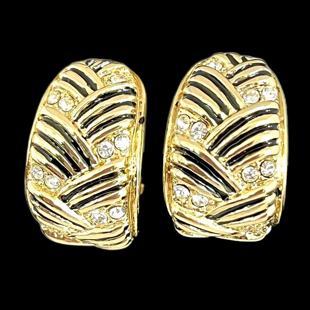 Vintage 1980s Gold Tone Enamel Clip Earrings Crystal Accent - 1N